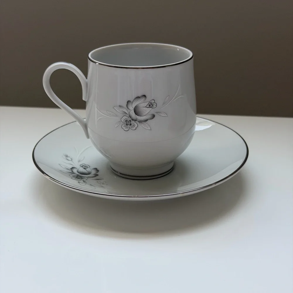 Sango Morena White Porcelain Tea Cup and Saucer Set with Floral Motif - 2 Piece